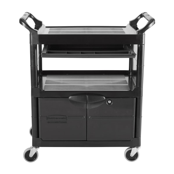 Rubbermaid FG345700BLA Black Utility Cart with Lockable Doors and Sliding  Drawer