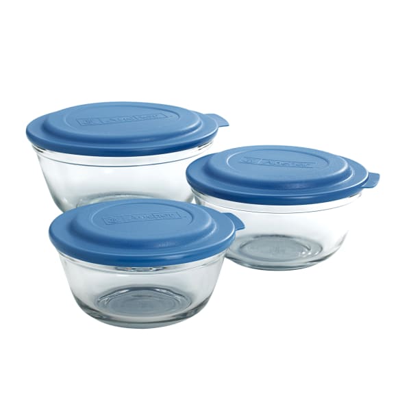 6-piece Round Glass Food Storage Container Set with Blue Lids