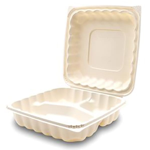 3-Compartment Microwaveable White Hinged Take-Out Container - 8 x 8