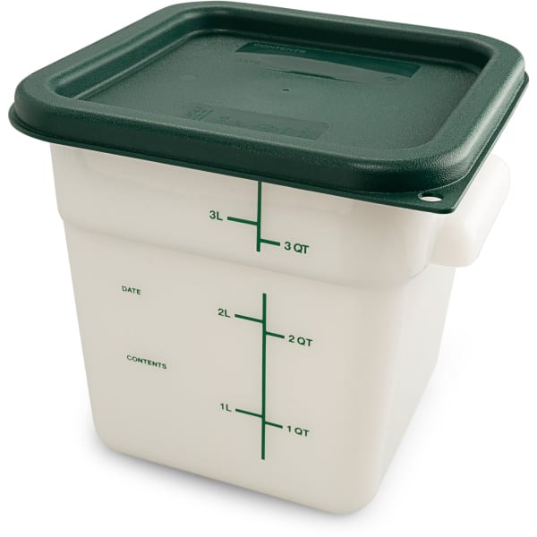 Carlisle 4 Qt. White Square Polyethylene Food Storage Container and Green  Lid - 3/Pack