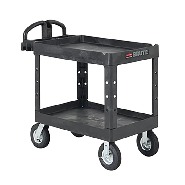 Rubbermaid FG454610BLA Black 2-Shelf Utility Cart w/ Pneumatic Casters