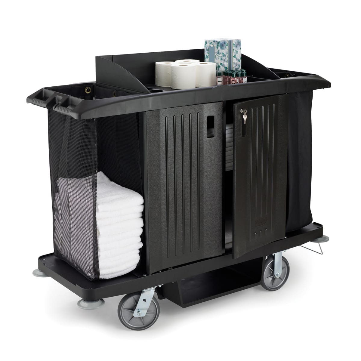 Rubbermaid FG619100BLA Black Full Size Housekeeping Cart w/ Doors