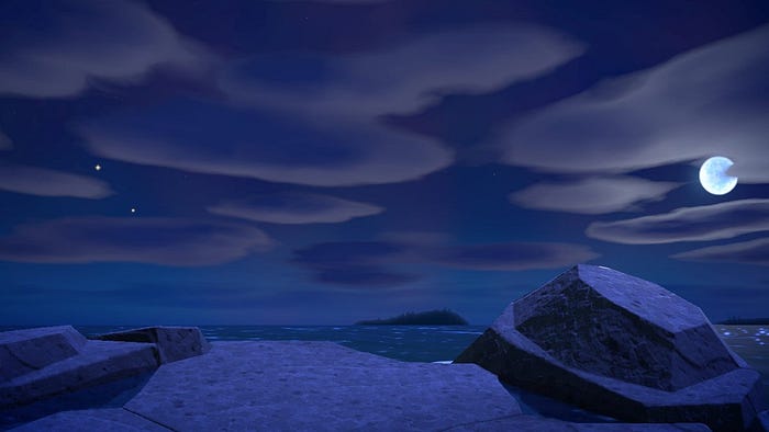 Pictured: a screenshot taken in Animal Crossing New Horizons. Night sky with clouds and moon above, rocks and ocean beneath.