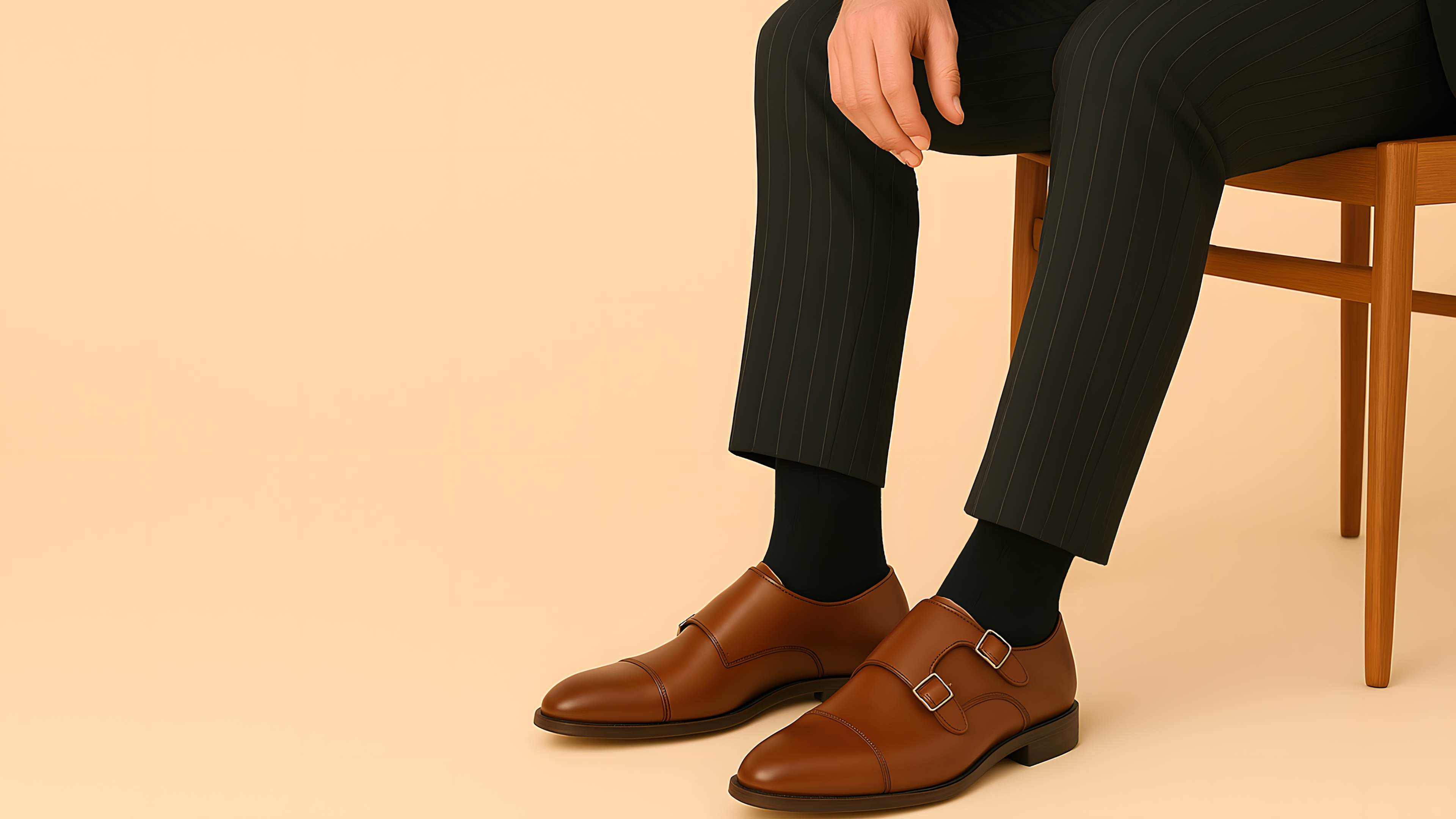 a model sit on the chair with wearing a shuite showing their premium leather monk strap shoes