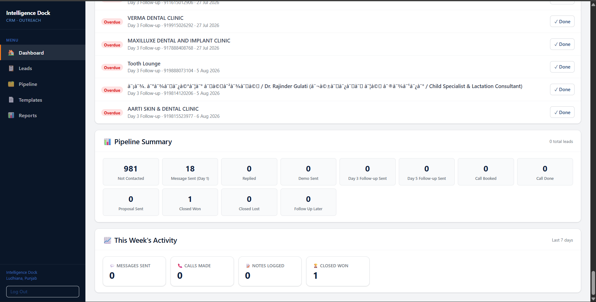 Lead Pipeline & Task Tracking View