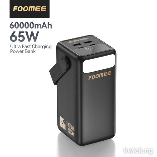FOOMEE AA65 60,000mAh 65w Type-C Fast Charging Power Bank with Flashlight, Digital Display and Built-in Strap, For Laptop, Phone