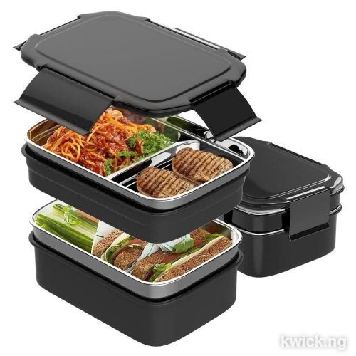 Double Layer Portable Lunch Box, Leakproof Lunch Box with Stainless Steel Compartment
