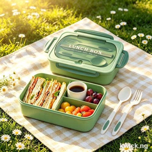 Adult Bento Lunch Box, 3 Compartments, Green, with Knife, Fork, Spoon & Chopsticks, Microwave/Dishwasher Safe