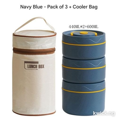 304 Stainless Steel 3-Layer Portable Round Insulated Lunch Box with Insulated Bag - Deep Sea Blue