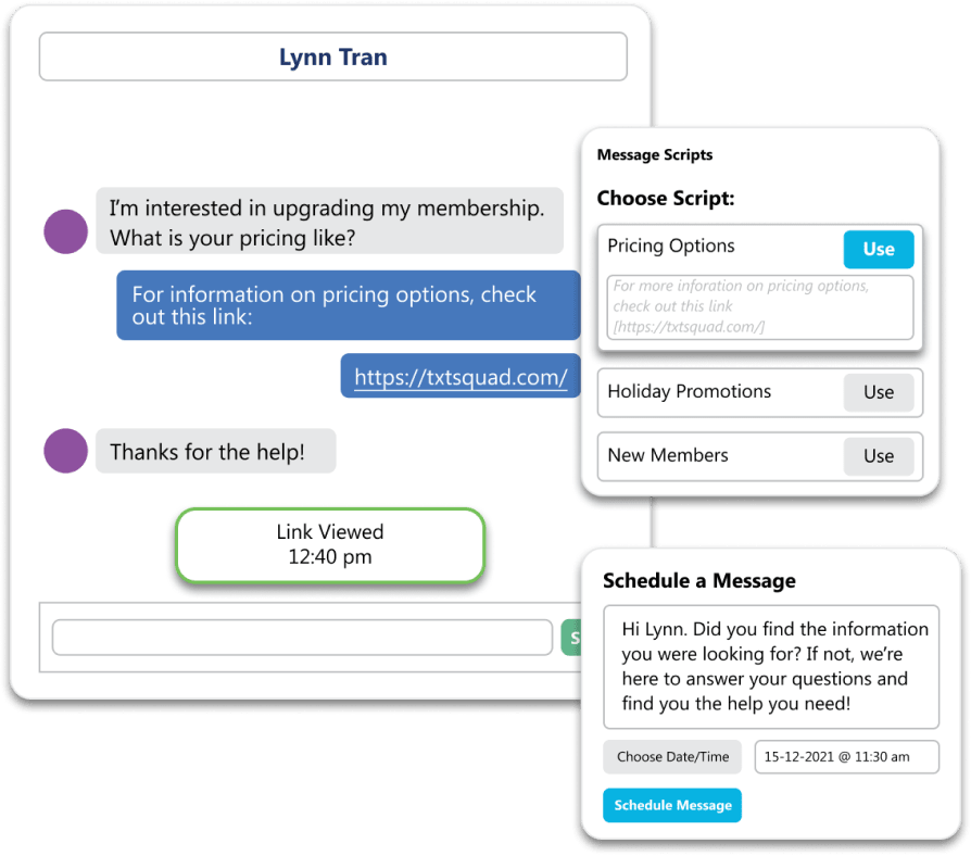 A Conversation with a contact showing scripts and scheduled messages