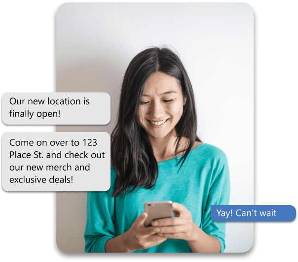a women texting on the phone about a new location opening
