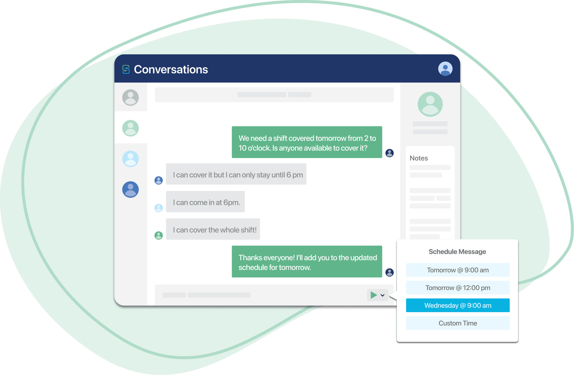 A Conversation with a contact showing scripts and scheduled messages