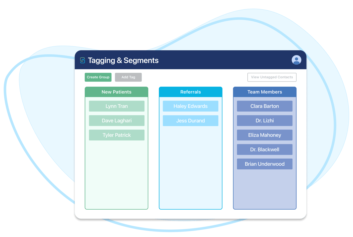 Showing the txtsquad apps tagging page with contacts in different colors by tags