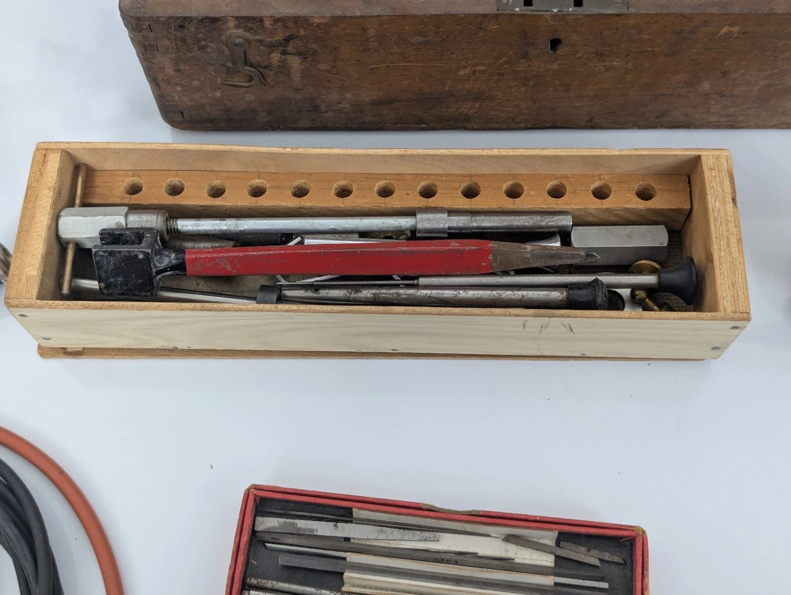 VTG Wolf Jahn Peerless Watchmakers Lathe Collets Wooden Box Misc Tools Parts, view 3
