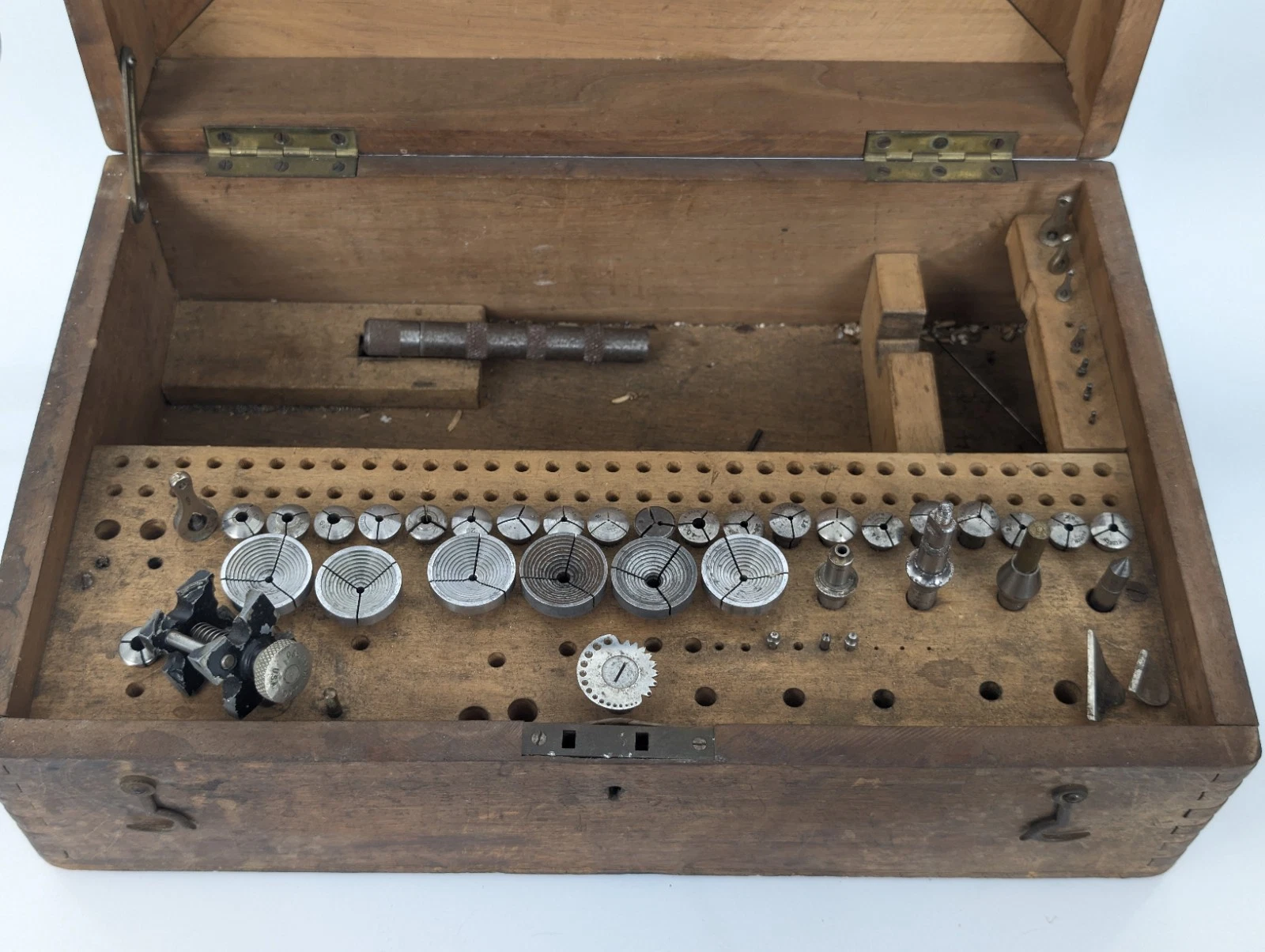 VTG Wolf Jahn Peerless Watchmakers Lathe Collets Wooden Box Misc Tools Parts, view 8