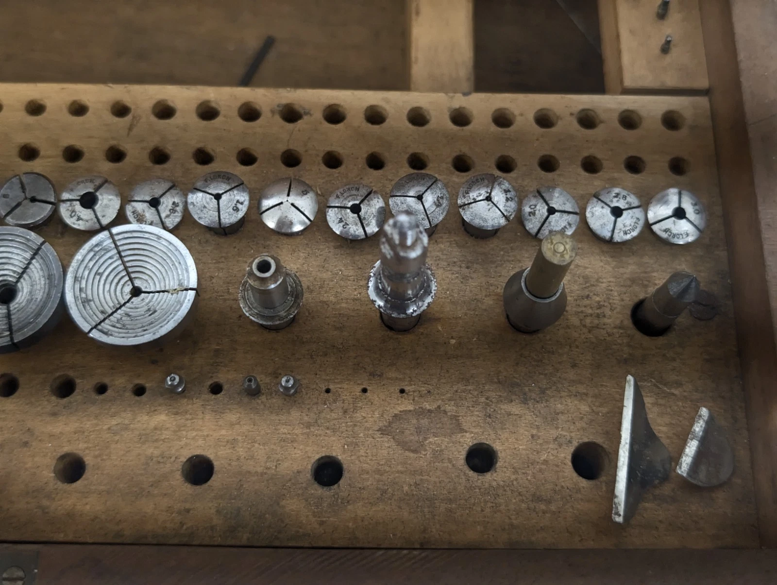 VTG Wolf Jahn Peerless Watchmakers Lathe Collets Wooden Box Misc Tools Parts, view 12
