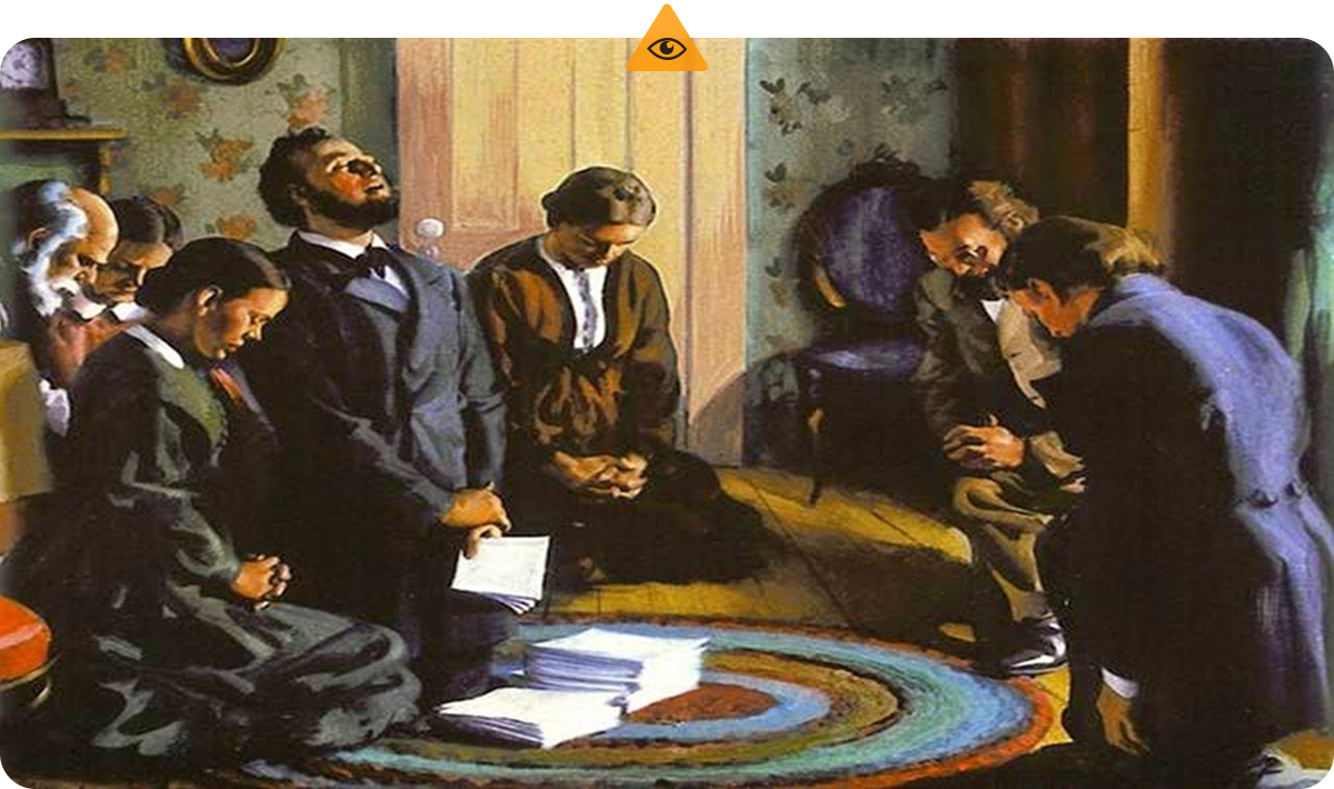 Imagem de William Miller e Ellen White em oração