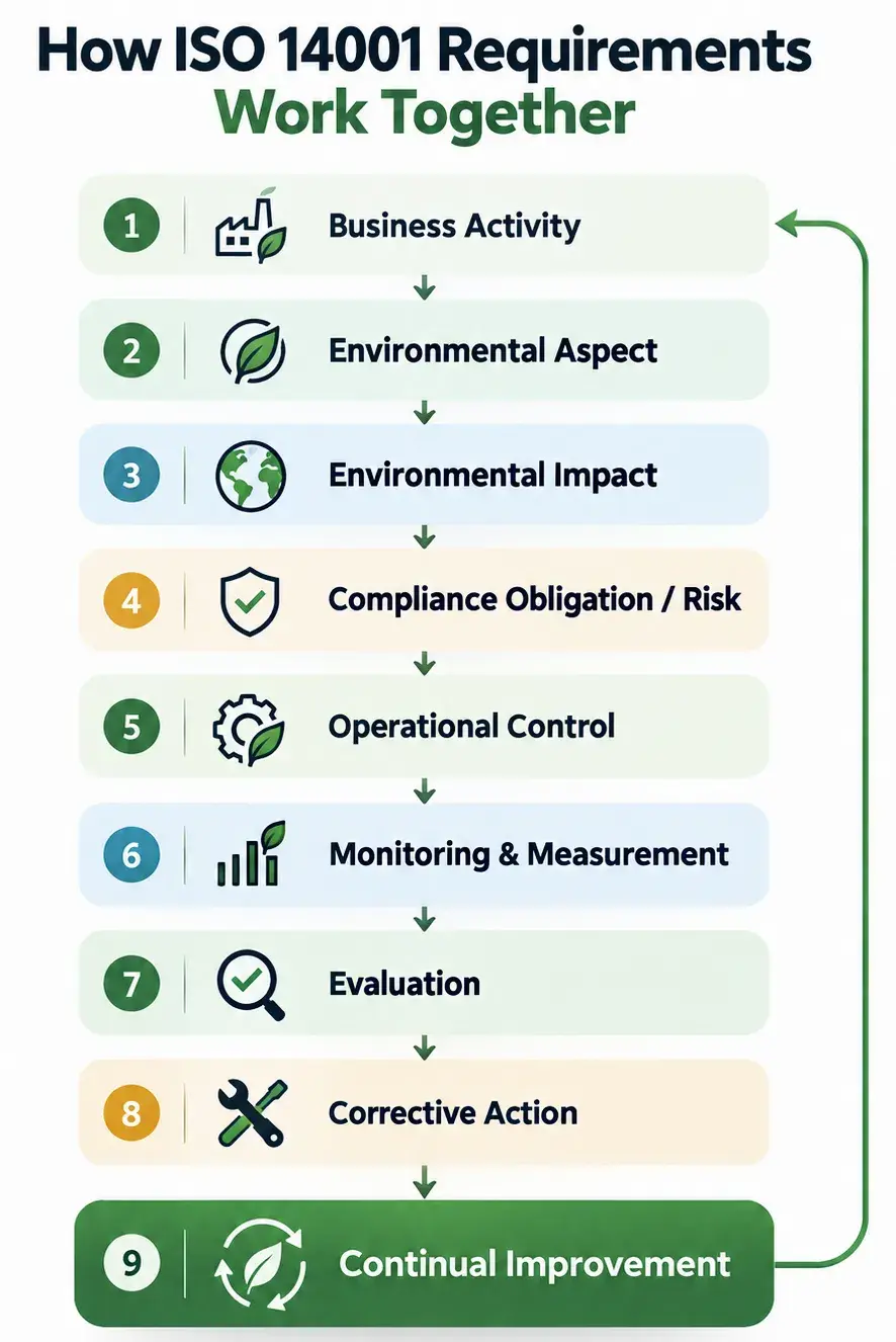 ISO 14001 information graphic showing how environmental issue, responsibility, control, evidence and result connect