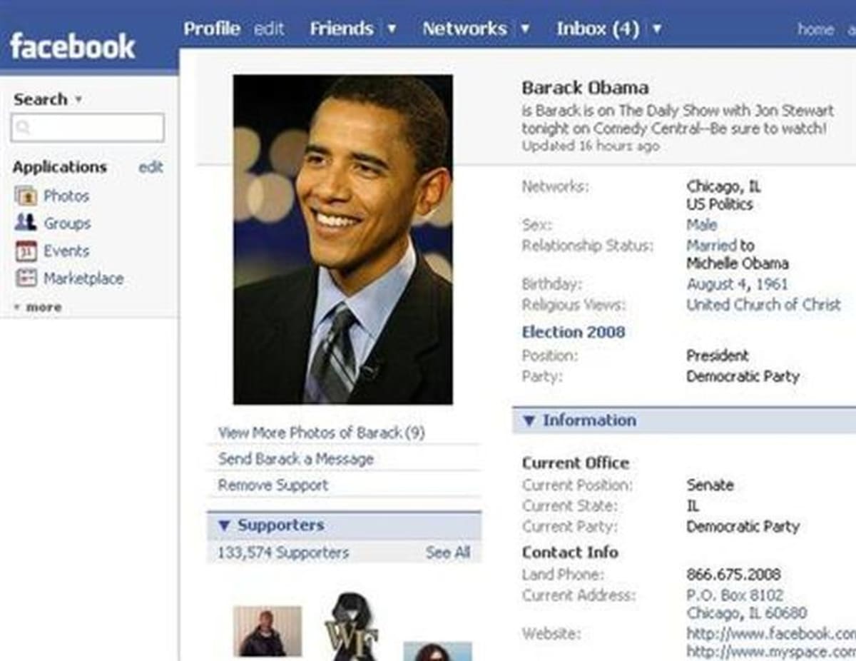 Barack Obama's Facebook profile, circa 2008