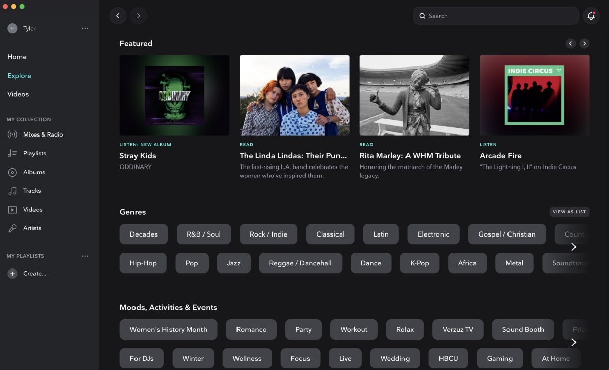 A screenshot of Tidal's interface