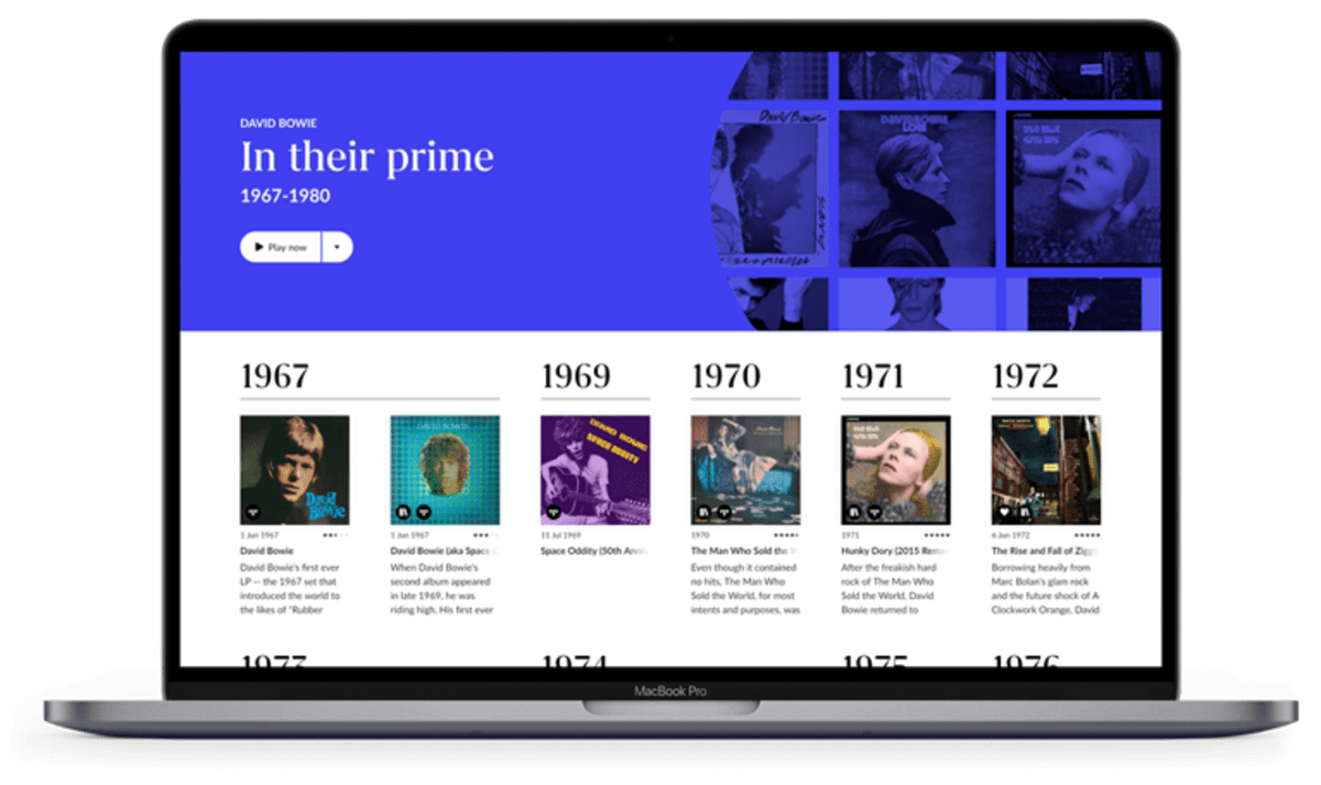 A screenshot of Roon's "In their prime" career summary feature, showing David Bowie's career