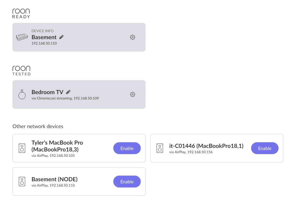 A screenshot of Roon's audio device setup page