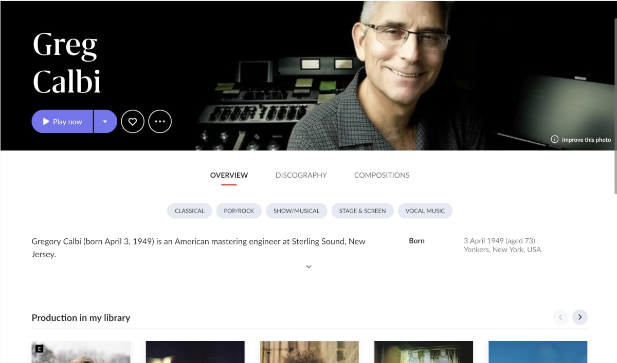 A screenshot of Greg Calbi's Roon page