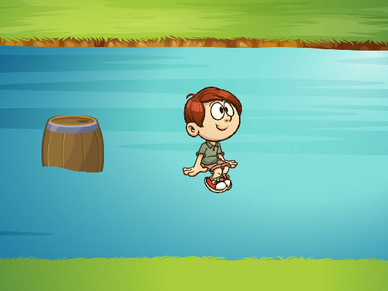 A boy floats down a river on a barrel.