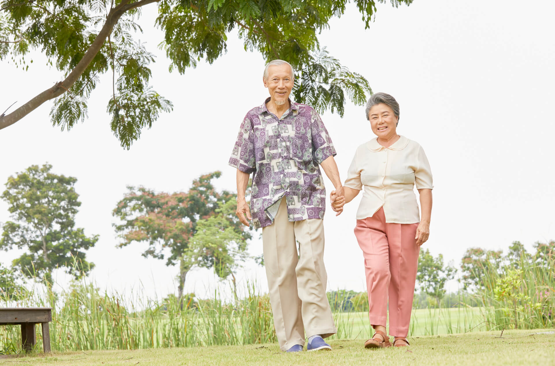 Asian elderly walking in the park