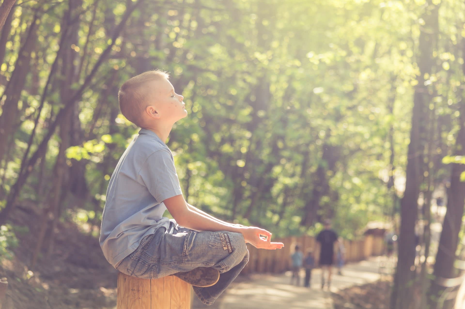 Boy sitting in the park with his fasce turn up to the sun