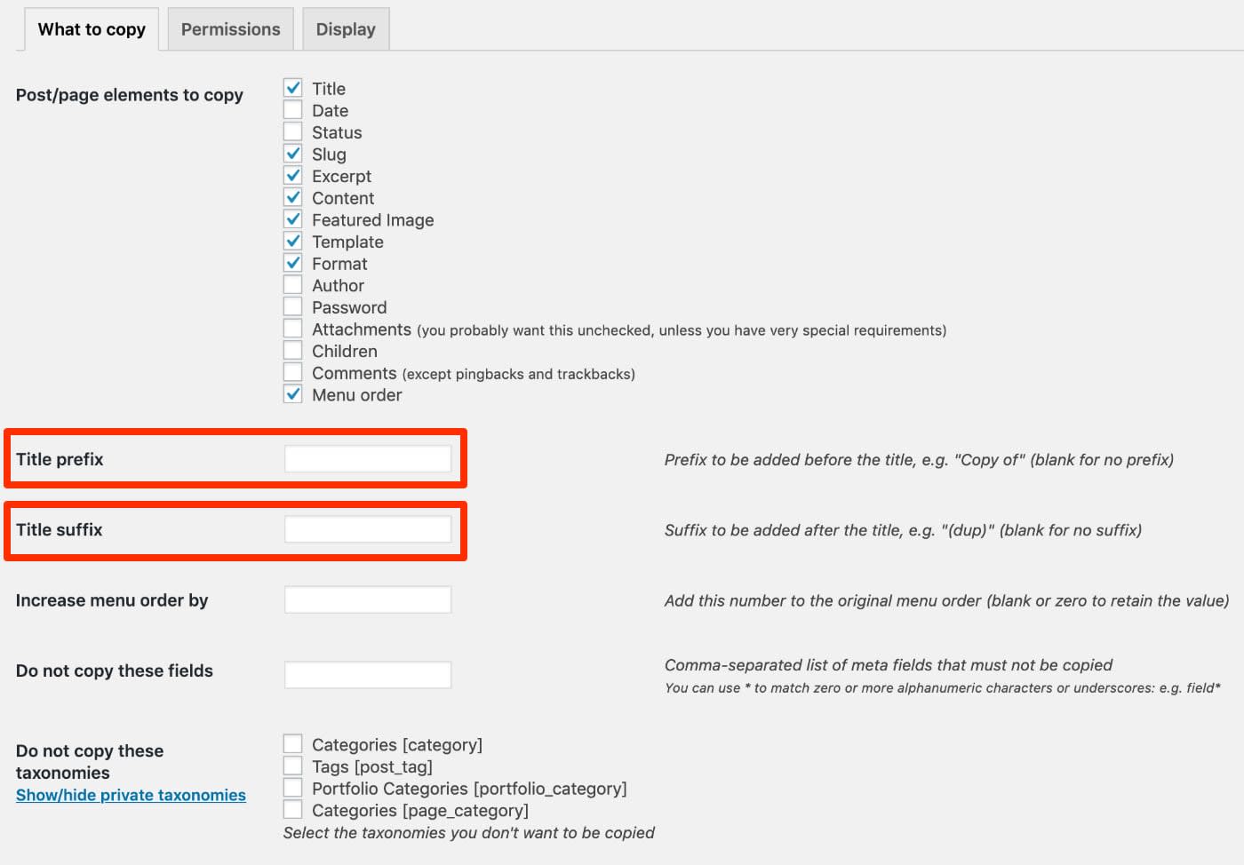 Duplicate Post Plugin - Settings