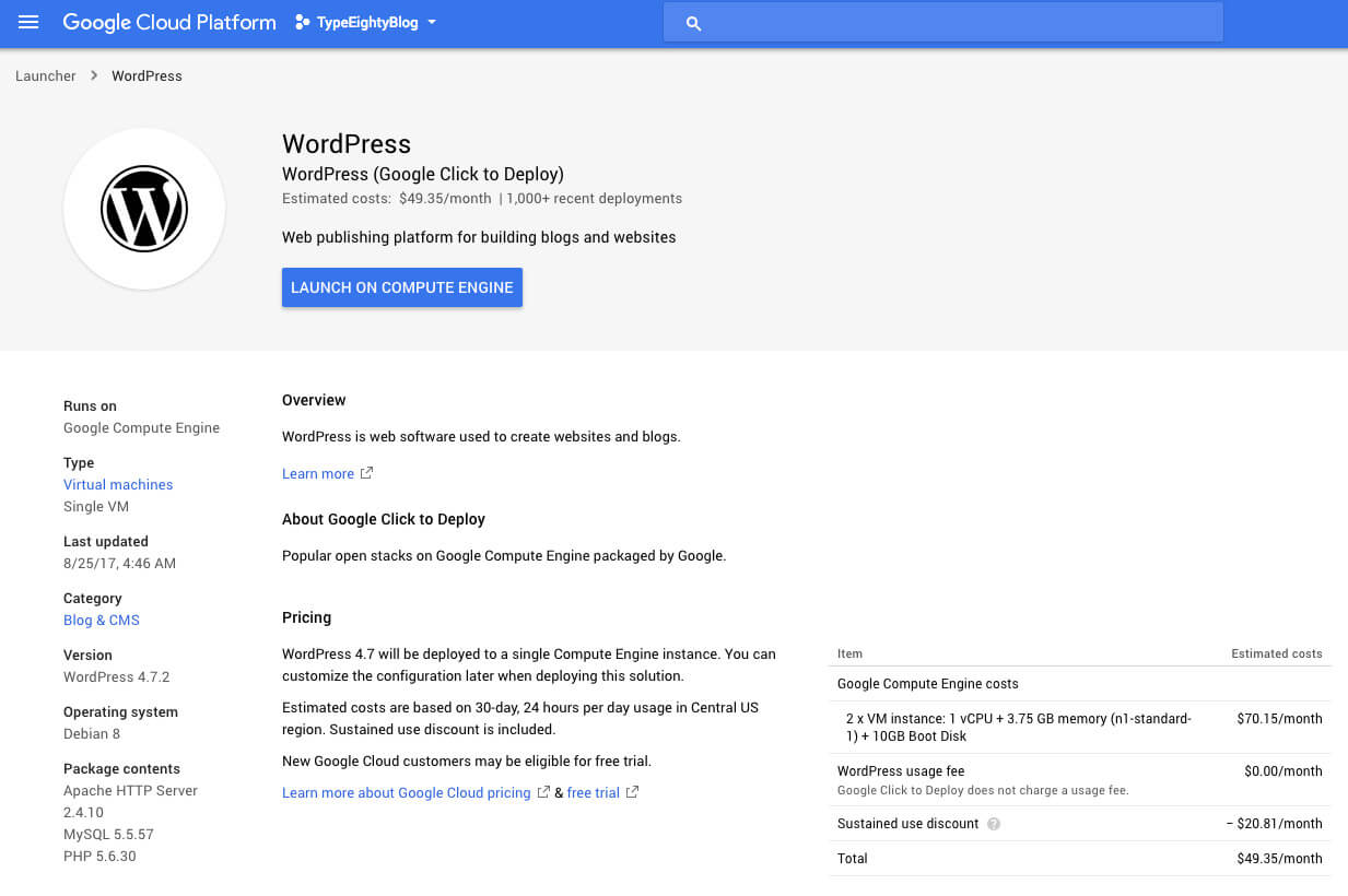 Google Cloud Launcher WordPress - TypeEighty