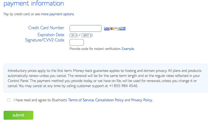 Start WordPress Blog - Bluehost Payment Information