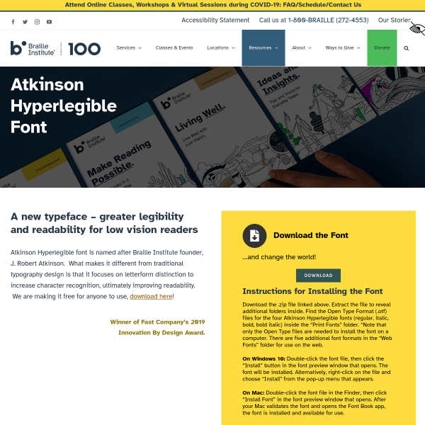 screenshot of Atkinson Hyperlegible Font from the Braille Institute