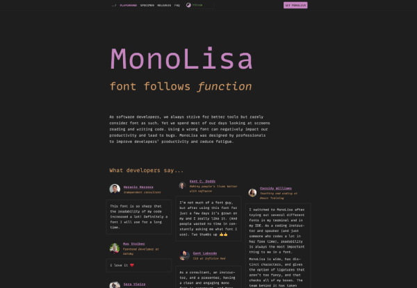 MonaLisa typeface specimen homepage