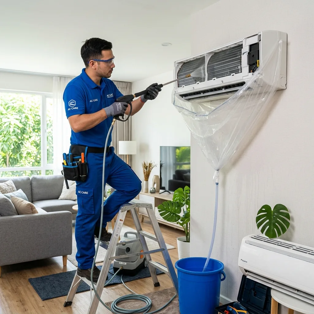 Technician servicing split AC indoor unit with high pressure jet pump