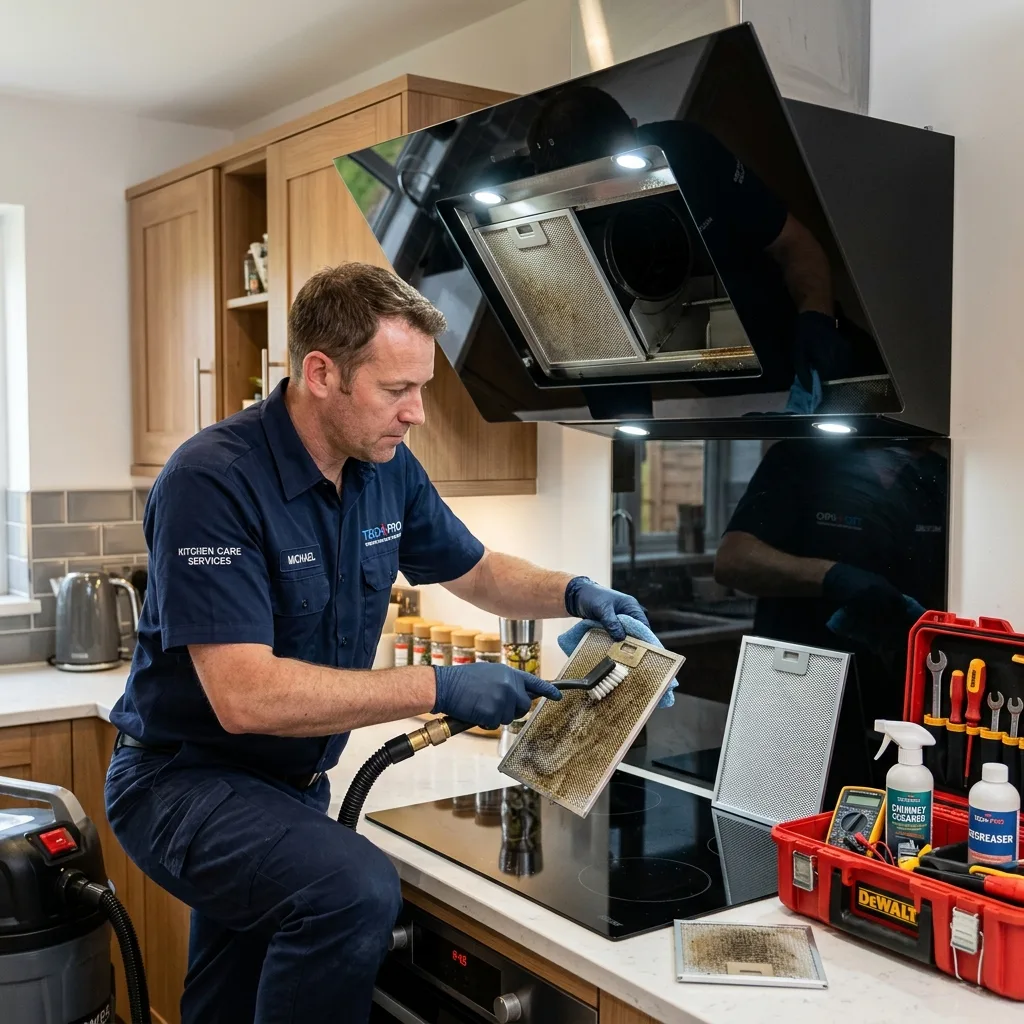 Technician servicing and deep cleaning kitchen chimney filters