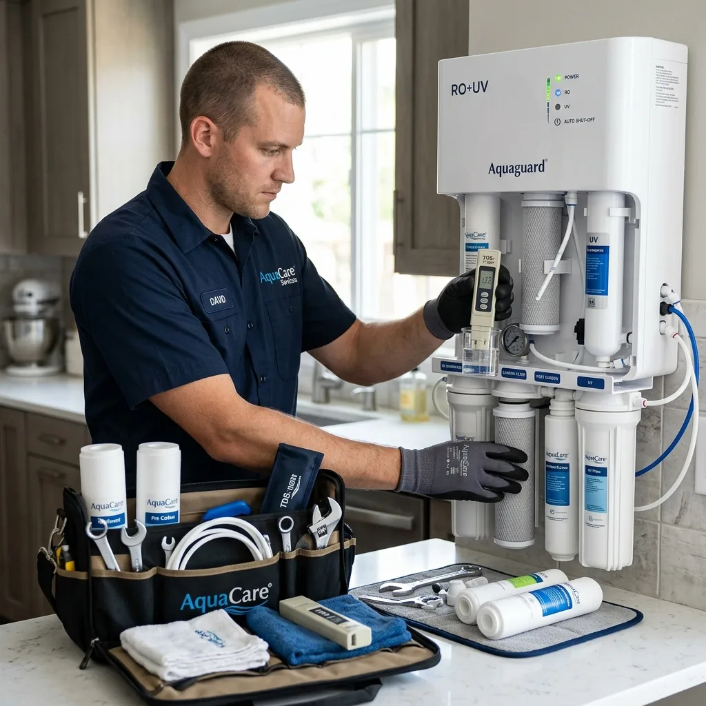 Technician replacing filters and testing TDS on RO water purifier