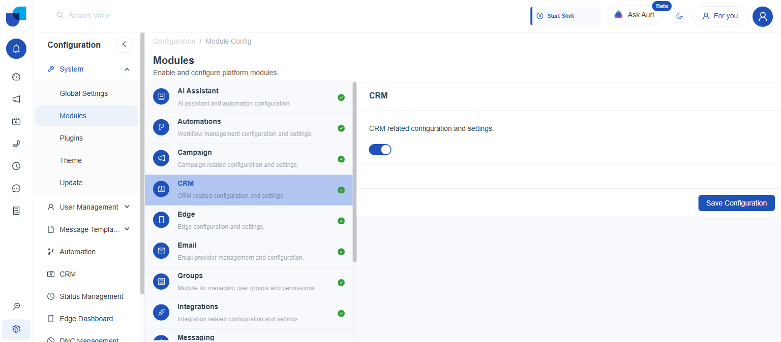 CRM module panel with description, an enabled toggle switch, and a Save Configuration button