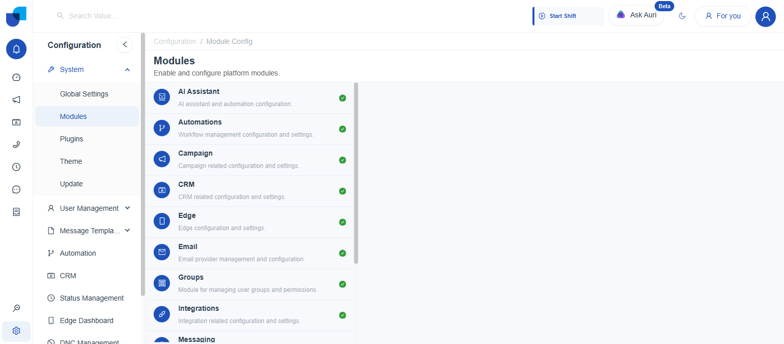 Modules list showing AI Assistant, Automations, Campaign, CRM, Edge, Email, Groups, Integrations all enabled with green checkmarks