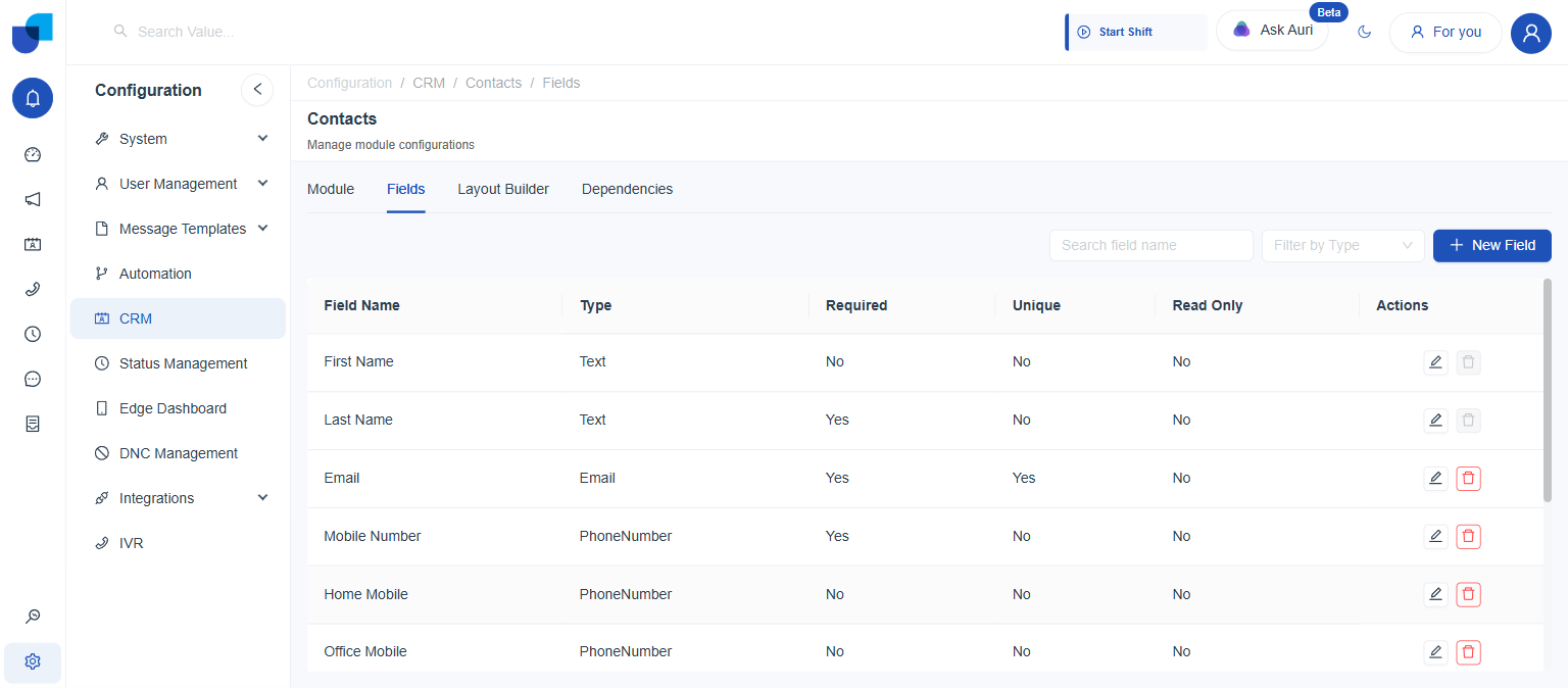 Contacts Fields tab live screenshot