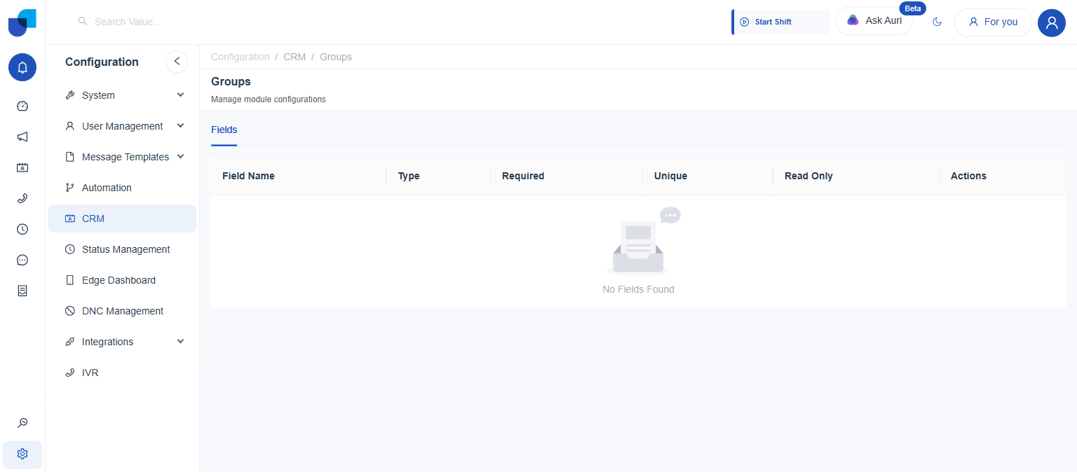 Groups module showing only a Fields tab with No Fields Found