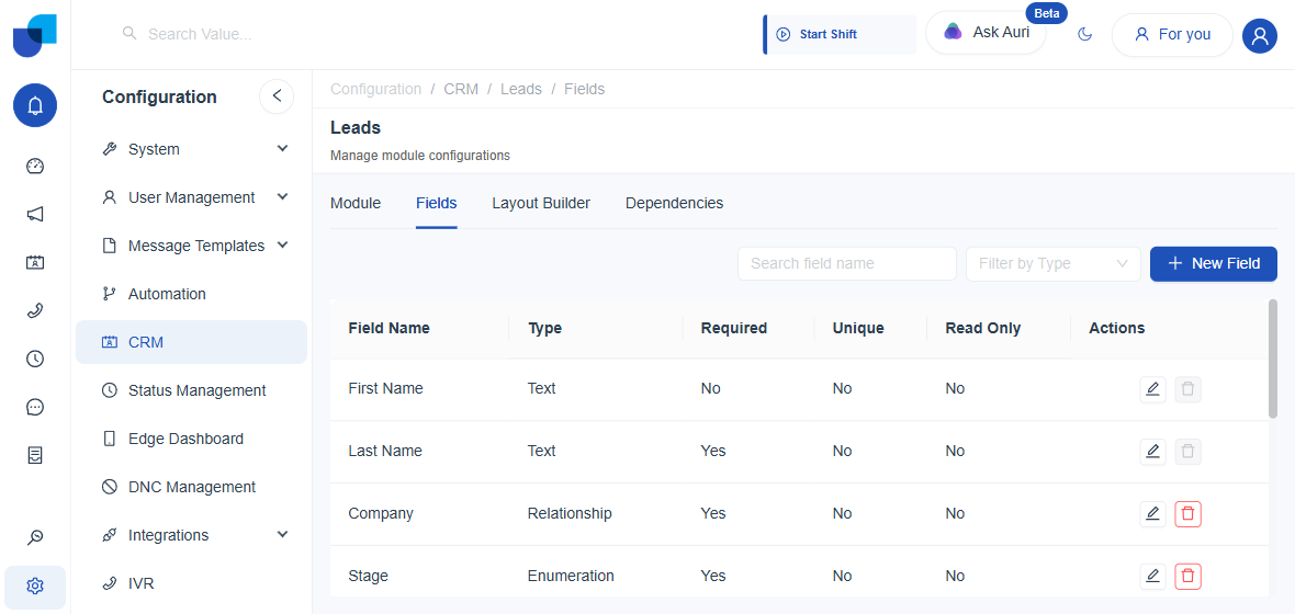 Leads Fields tab live screenshot
