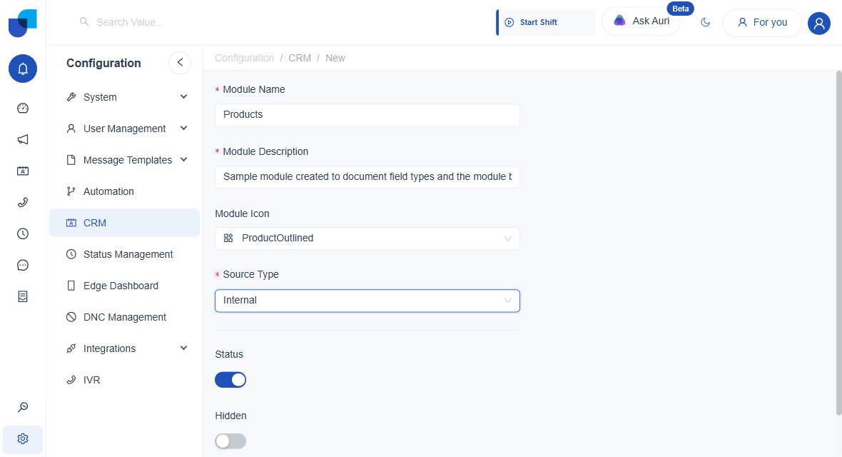 Completed new module form with Products name, ProductOutlined icon, Internal source type, Status on, Hidden off, and Save button