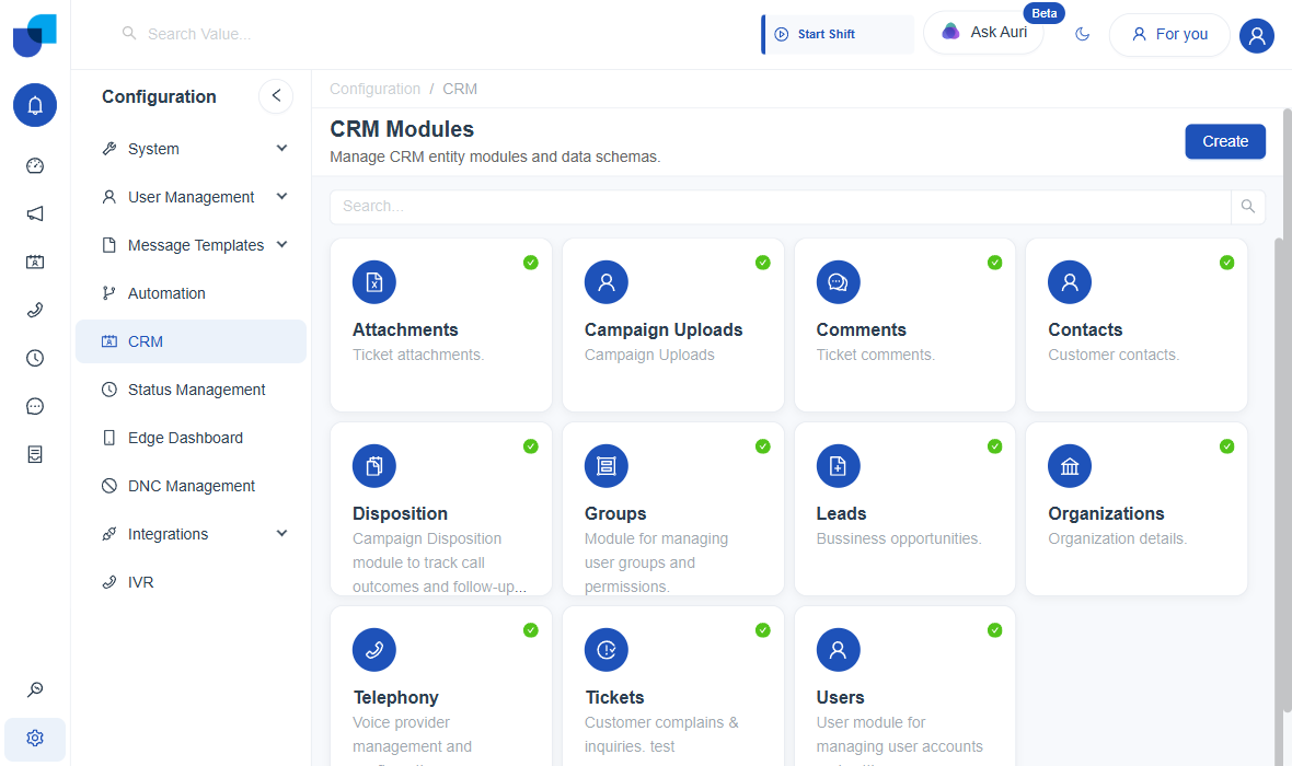 CRM Modules screen showing the Create button and only the 11 default modules, before the new module is created