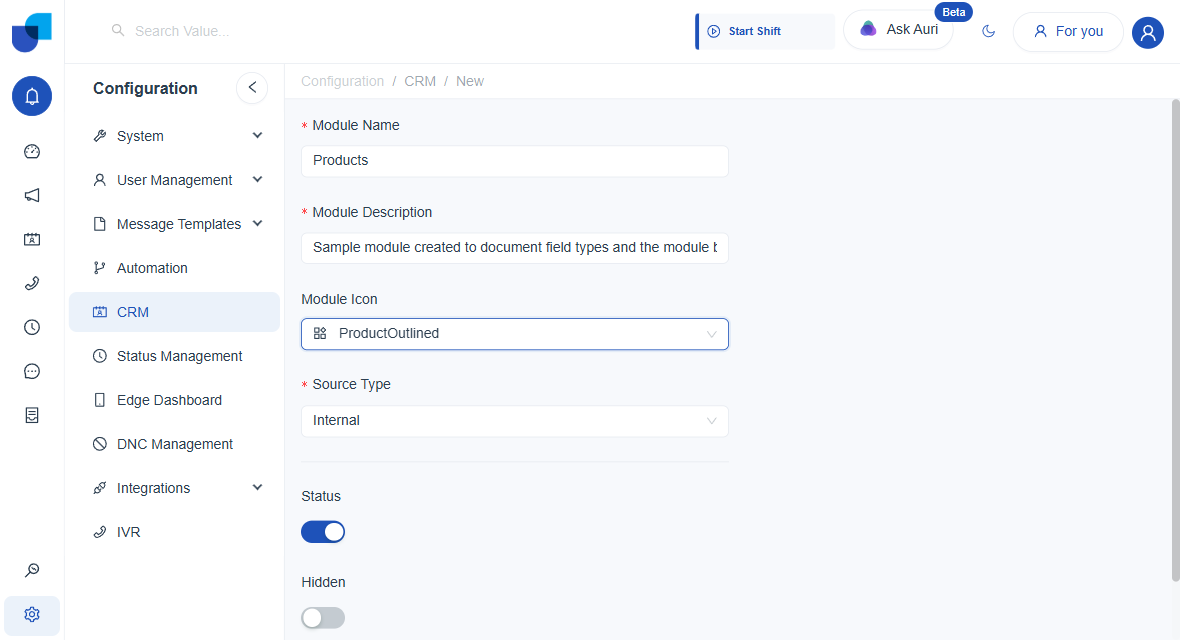 New module form with Module Name Products, Module Description filled in, Module Icon and Source Type dropdowns
