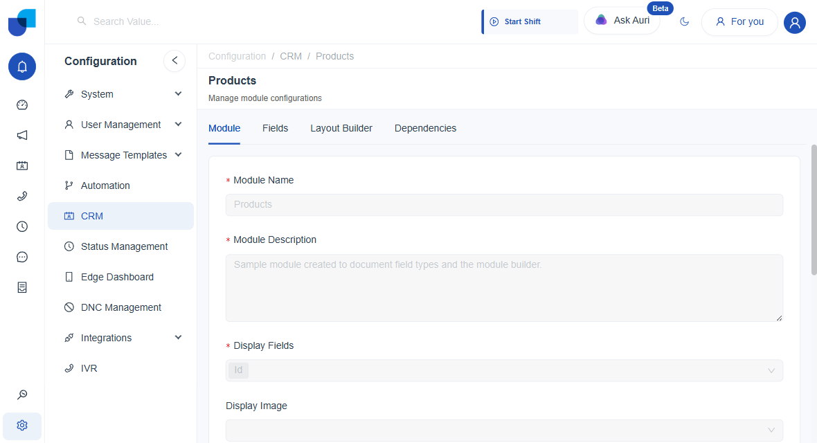 Products module page showing the four tabs Module, Fields, Layout Builder, Dependencies, with the Module tab open
