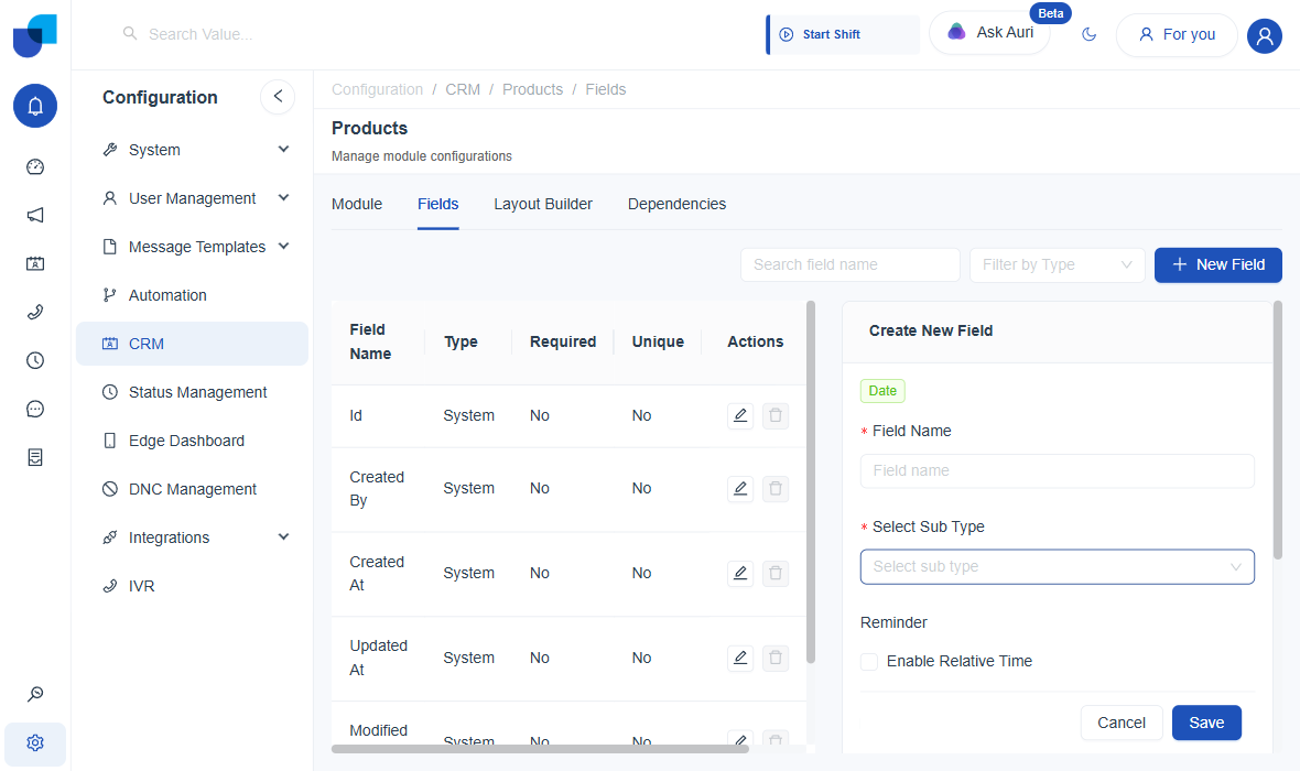 Date field creation panel with Select Sub Type and Reminder checkbox