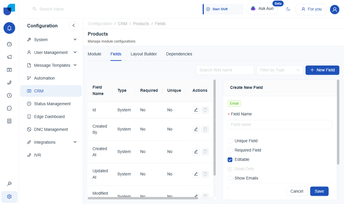 Email field creation panel