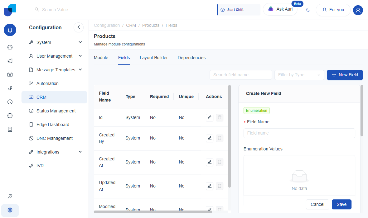 Enumeration field creation panel with empty Enumeration Values list